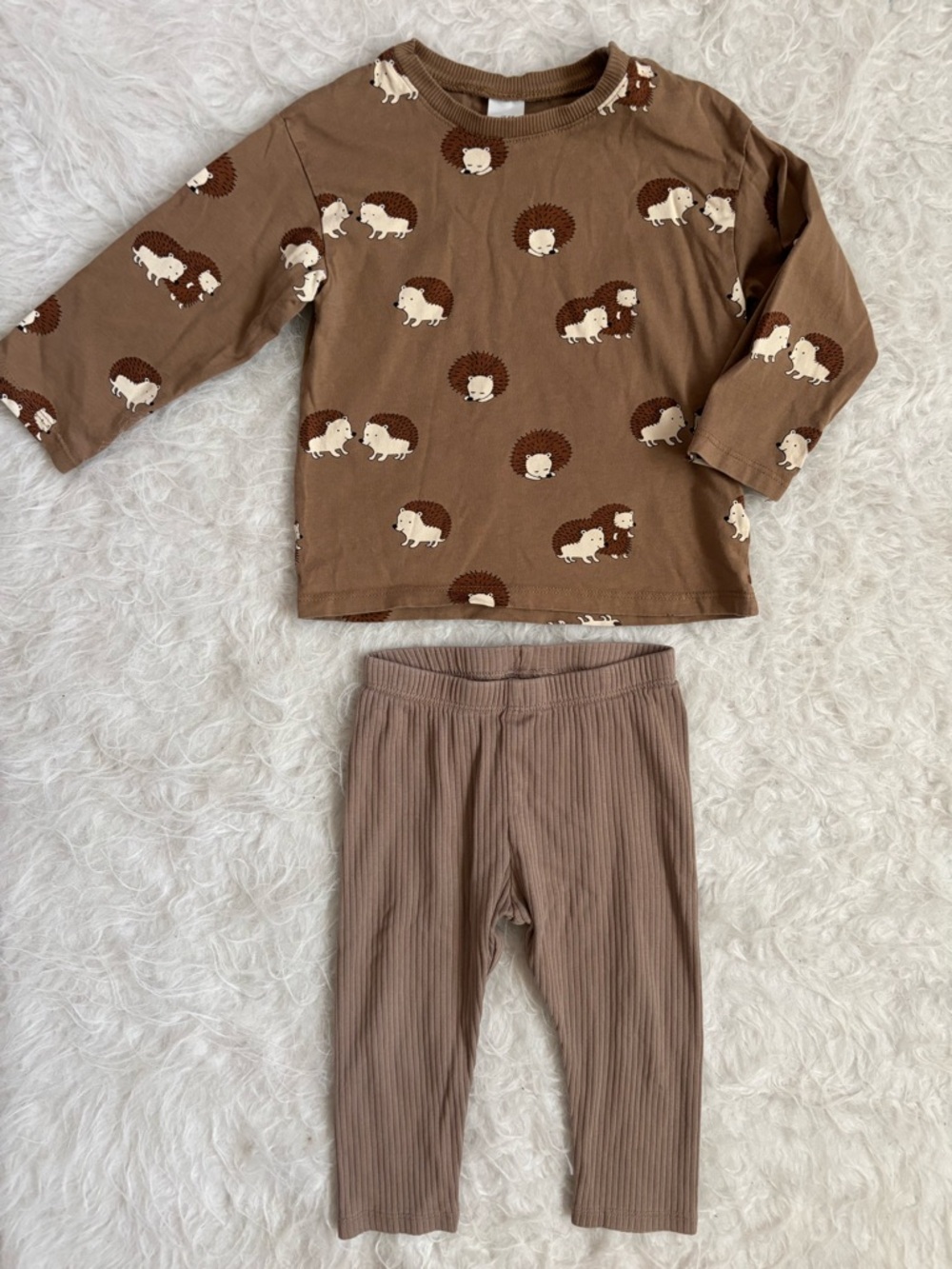 H&M Gender Neutral Brown Hedgehog AOP Long Sleeve Matching Set